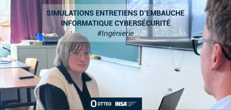 Entretien de recrutement information cybersécurité entre Audrey Docquier et un élève ingénieur à l'INSA Lille. Logo OTTEO en bas de la photo.