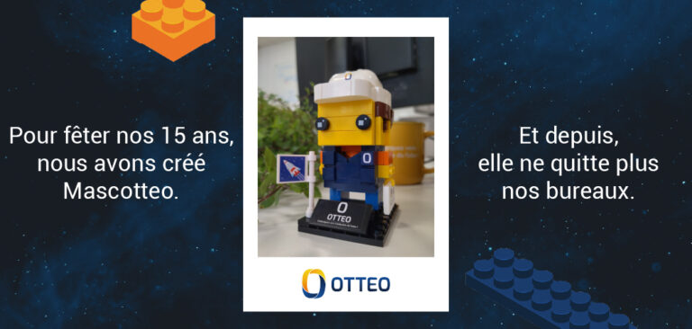 Mascotteo Mascotte OTTEO Embarquez vers l'industrie du futur Lego brickheadz industrie du futur fusée drapeau
